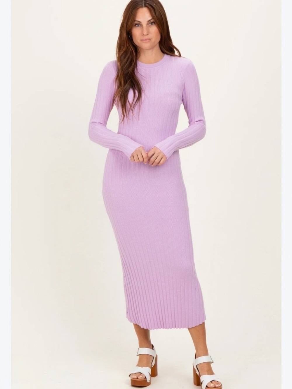 Slim Ribbed Long-Sleeve Midi Dress - Dusty Pink